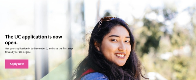 University of California admissions page with a smiling student and text announcing applications open until December 1.