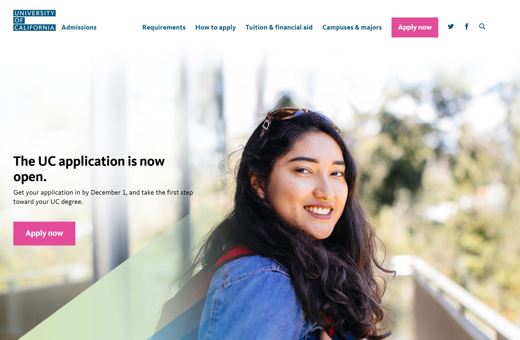 University of California admissions page with a smiling student and text announcing applications open until December 1.
